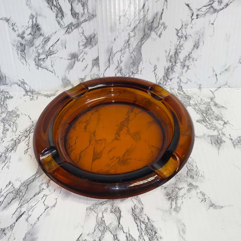 Vintage Heavy Amber Glass Ashtray Classic Diamond Pattern Base Cigar Grooves 8"